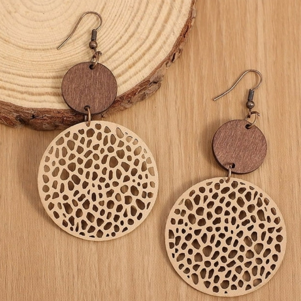 Wooden Cutout Drop Earrings - Brown and Beige